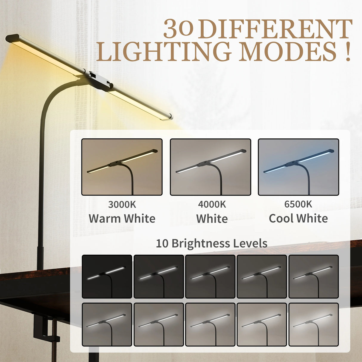HOMCOM LED Desk Lamp with Clamp, Double Head Table Lamp with 3 Colour Modes & 10 Brightness Levels, Flexible Gooseneck Reading Desk Light with Timer and Memory Function for Study, Office, Work, Black