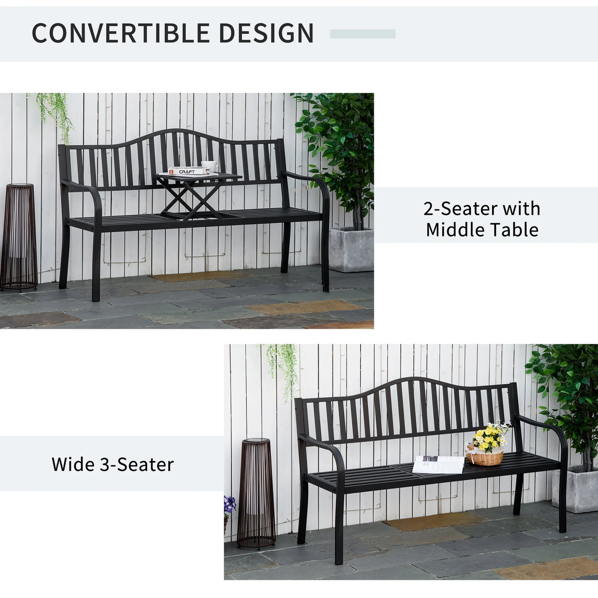 Outsunny Metal Outdoor Bench with Liftable Middle Table, Patio Loveseat, Garden Bench for Garden, Porch, Seats 23 People, Black