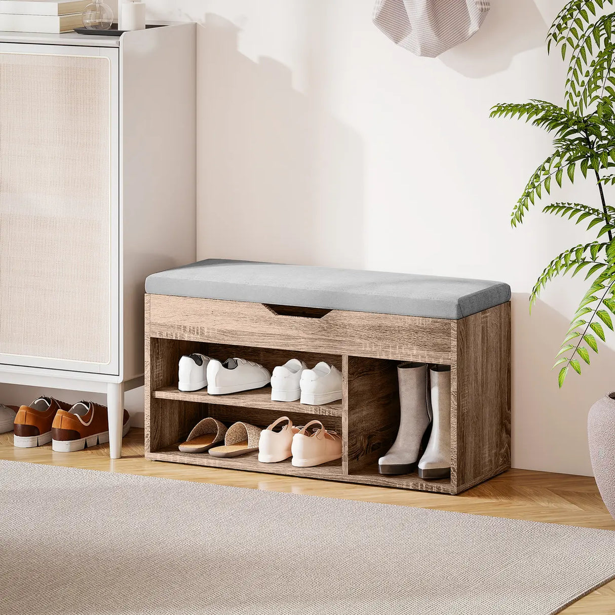 HOMCOM Shoes Cabinet Bench Hidden Storage Padded Seat Organiser Footwear Rack Hallway Grey Wood Grain