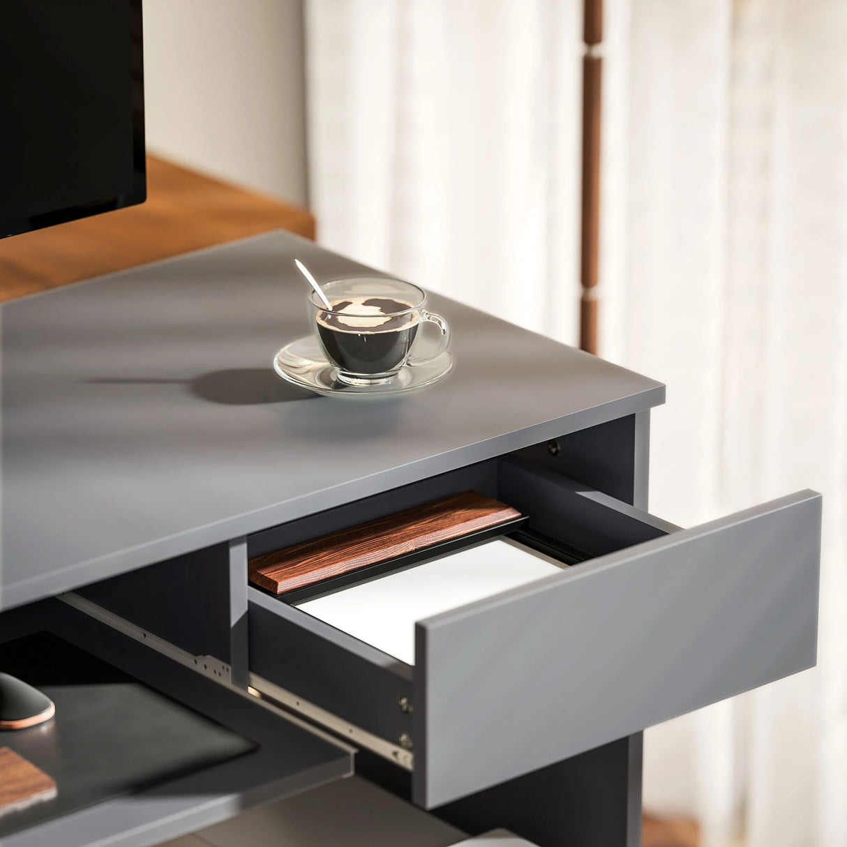 HOMCOM 100cm Compact Computer Desk with Keyboard Tray, Home Office Desk with Drawer for Bedroom Study, Grey