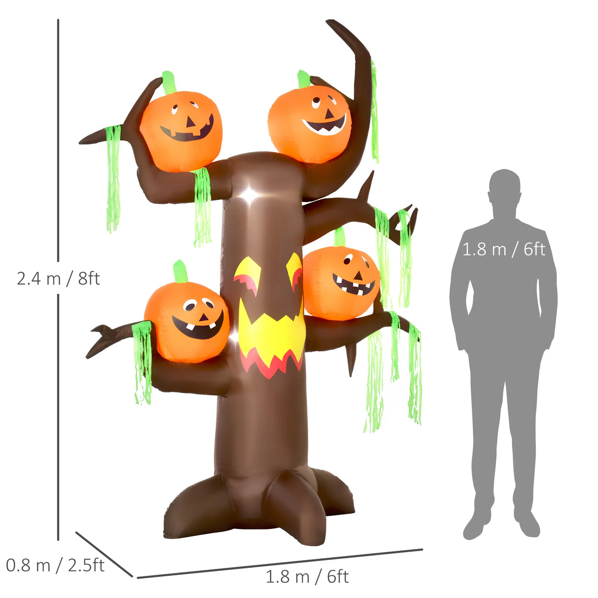 HOMCOM 2.4m Halloween Inflatable Ghost Tree with 4 Pumpkins 2 Build-in LEDs, Blow Up Inflatables for Halloween Party Yard Lawn Outdoor Indoor Decoration