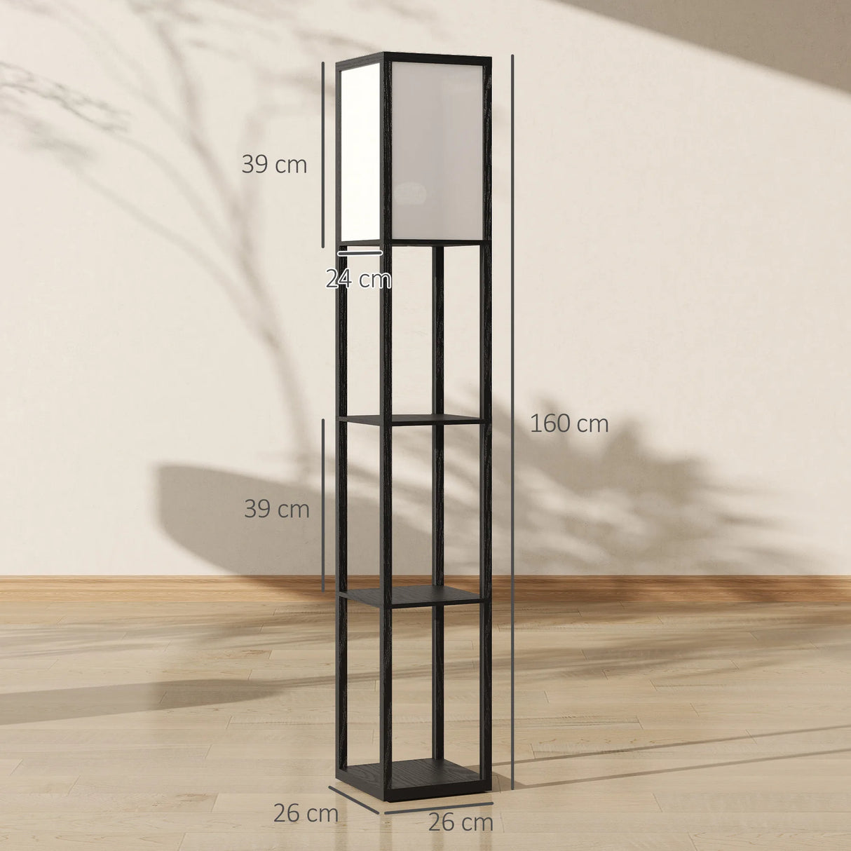 HOMCOM Floor Lamp with Shelves, 3 Layer Column Modern Standing Lamp for Living Room, Bedroom, Office, Bulb not Included, Black