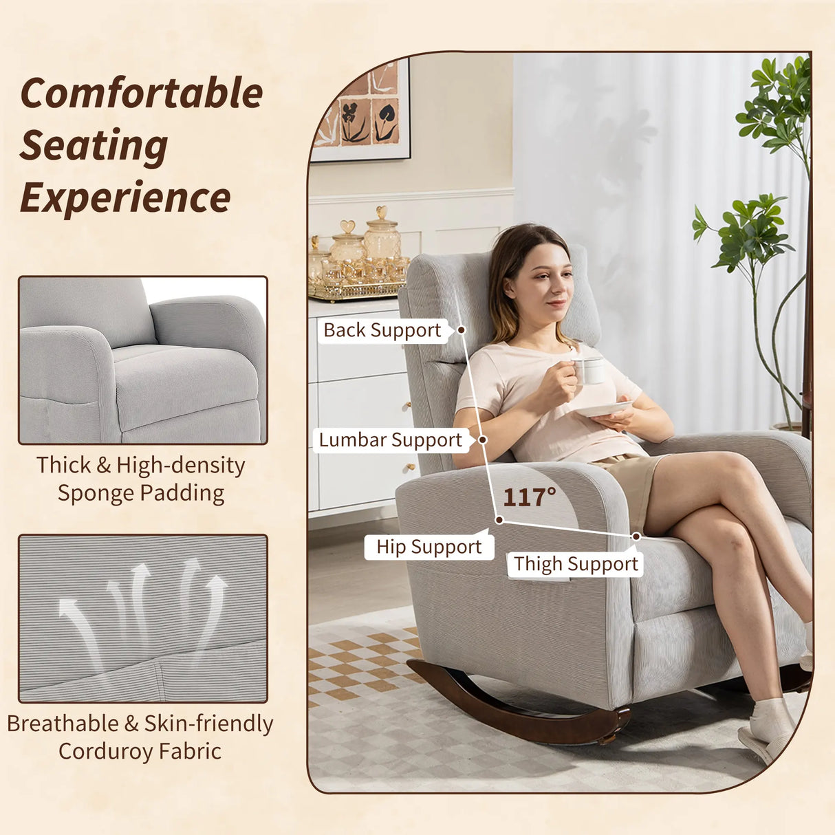 HOMCOM Corduroy Rocking Armchair - Grey