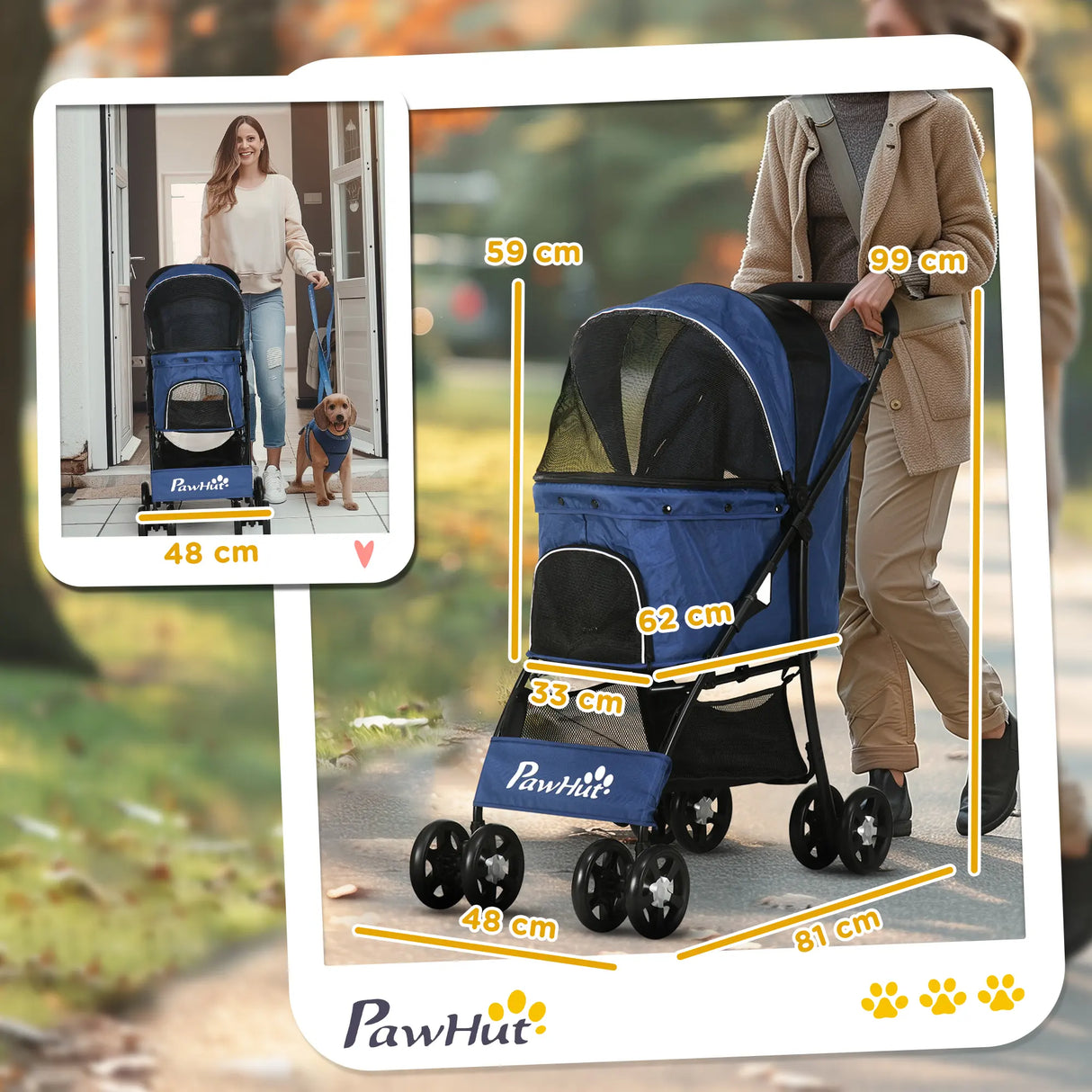 PawHut Foldable Pet Stroller for Dogs, Puppy Stroller, with Large Carriage, Brakes, Canopy - Blue