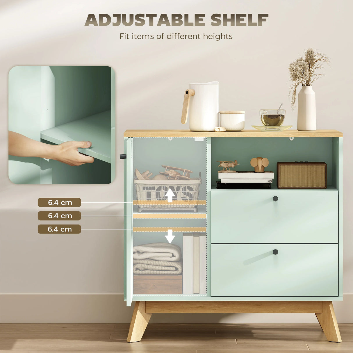 HOMCOM Sideboard Storage Cabinet, 80 cm Buffet Cabinet with 2 Drawers, Open Compartment, Adjustable Shelf, Light Green and Oak