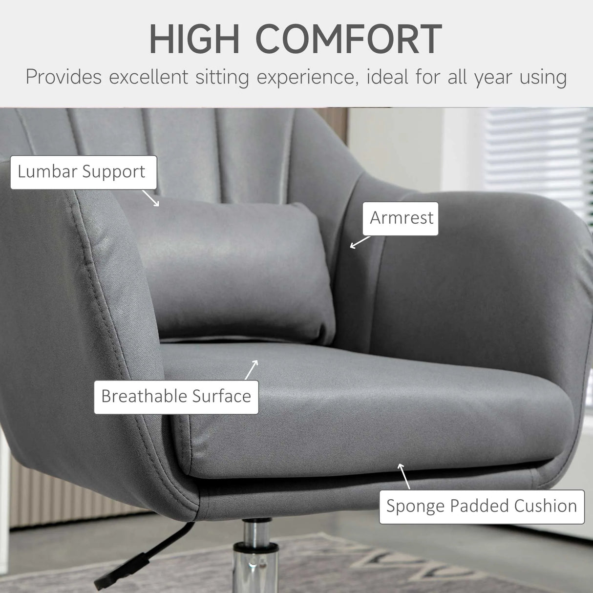HOMCOM Swivel Microfibre Accent Chair for Living Room Contemporary Vanity Armchair with Adjustable Height Thick Cushion Lumbar Support Armrest for Bedroom Office Dark Grey