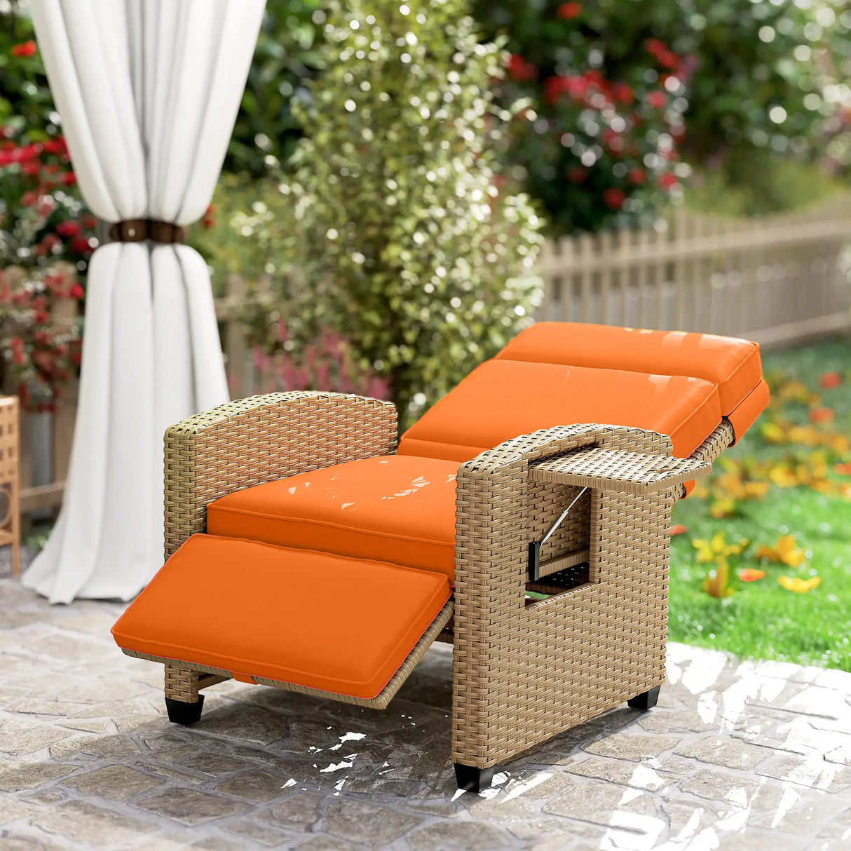 Outsunny 145 Reclining Rattan Armchair, with Footrest - Khaki/Orange