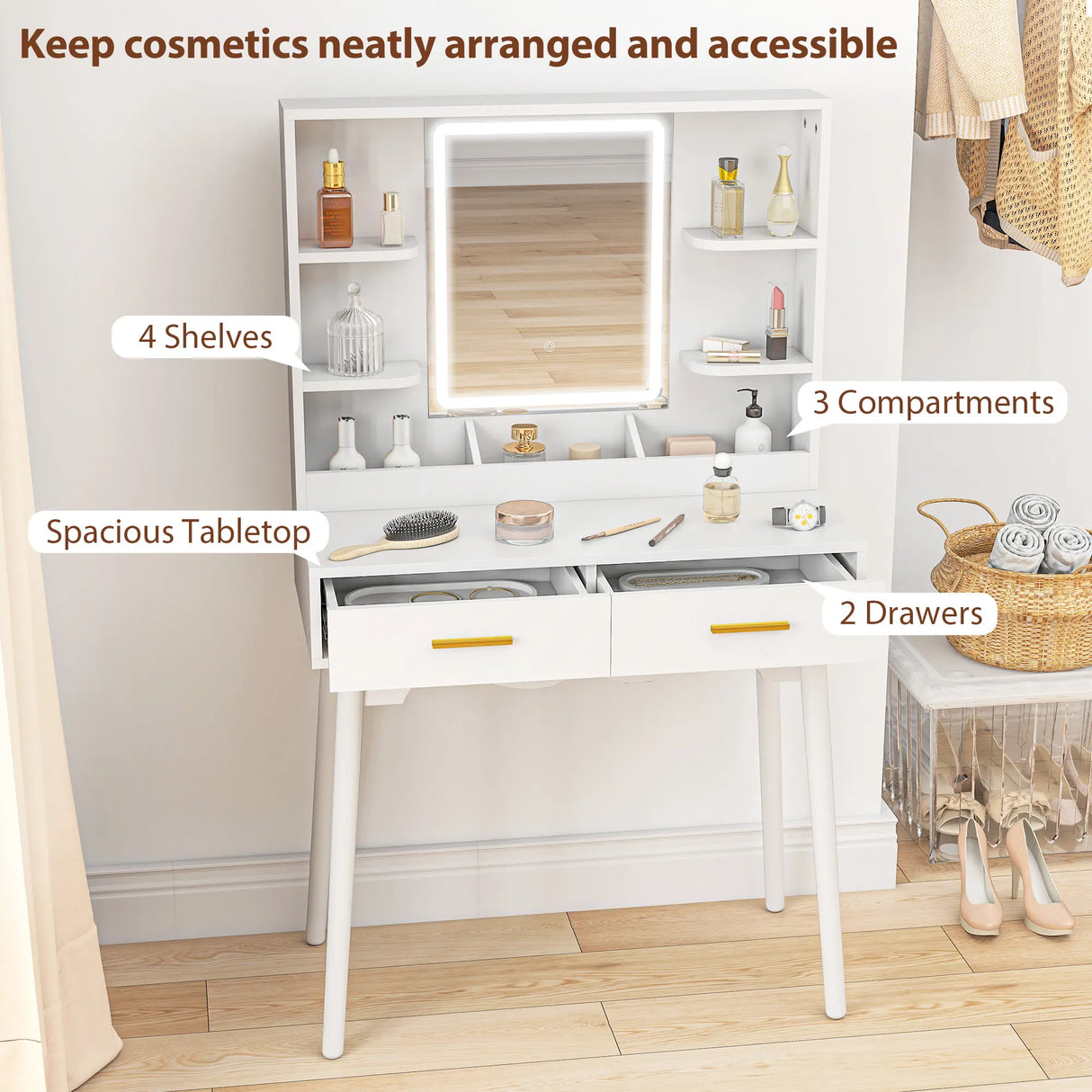 HOMCOM Elegant Dressing Table, with LED Mirror - White