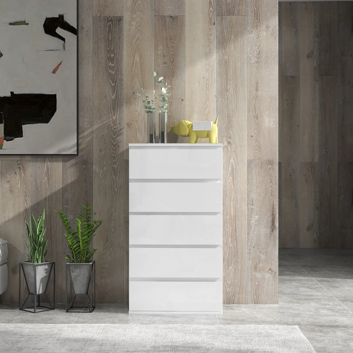 HOMCOM 5-Drawer Modern Dresser, High Gloss Storage Drawer Unit for Bedroom, White