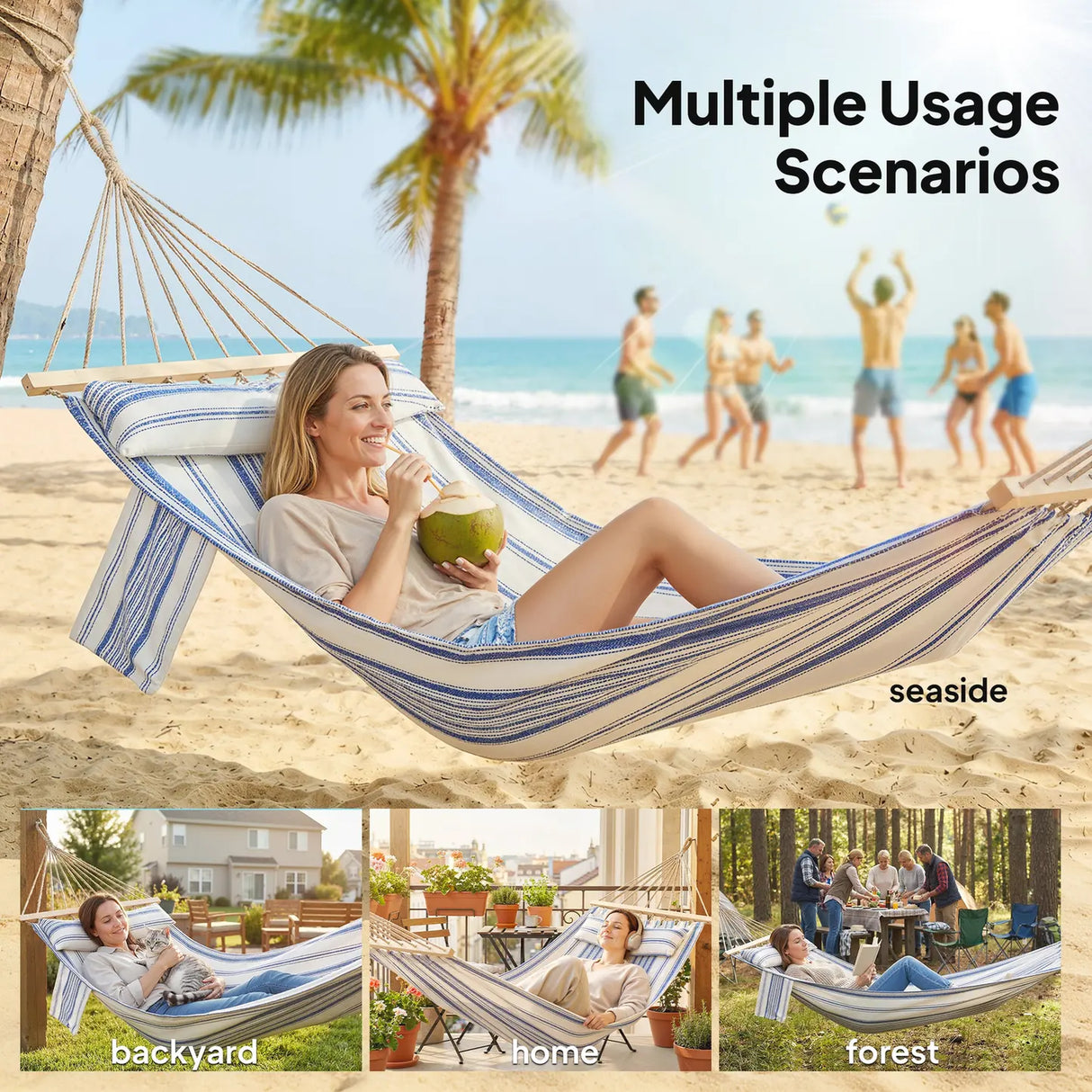 Outsunny Cotton Hammock, Soft Portable Swing Sleeping w/ Headrest & Side Pocket, Blue and White