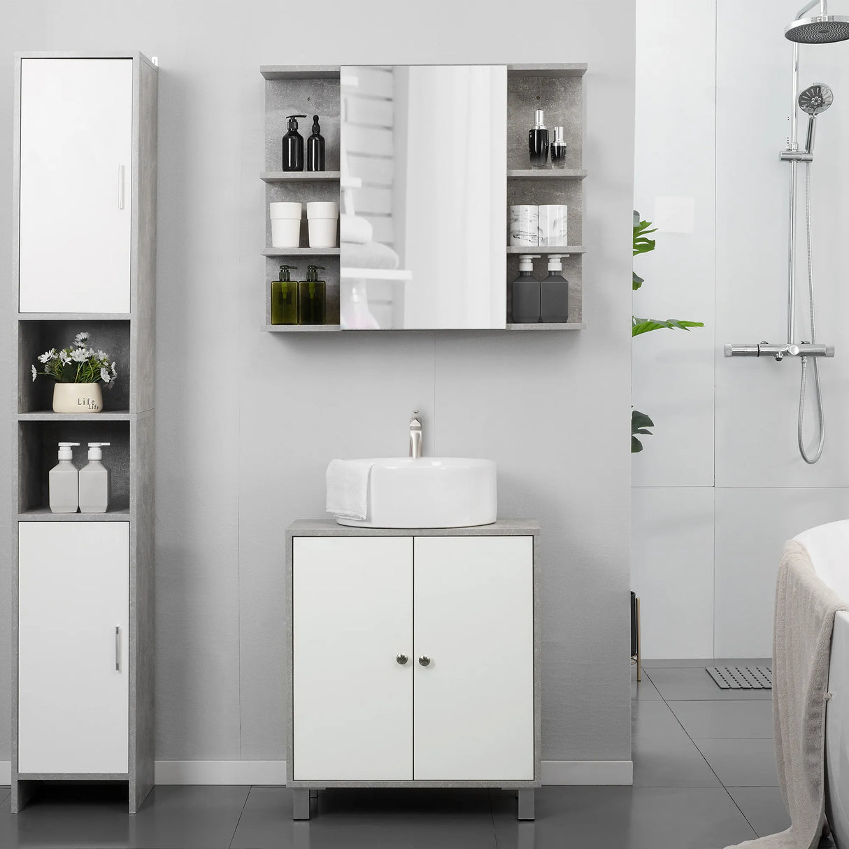 kleankin Under Sink Cabinet, Bathroom Vanity Unit, Storage Cupboard with Adjustable Shelves, White and Grey