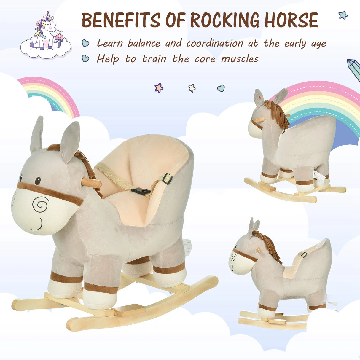 HOMCOM Kids Rocking Horse, Children Plush Ride On Donkey Animal Rocker w/ Sound, Wood Base Seat, Safety Belt, Baby Toy Rocker for Toddler 18 - 36 Months, Grey