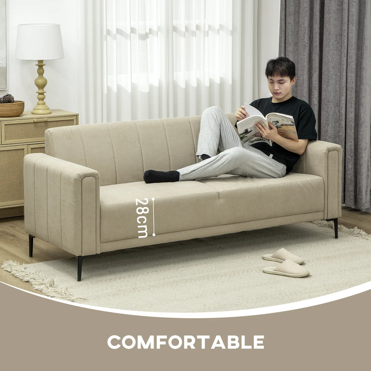 HOMCOM 3 Seater Sofa, Modern Fabric Sofa Couch, Channel Tufted Upholstered Sofa Settee for Living Room, Guest Room, Bedroom, Home Office, Khaki