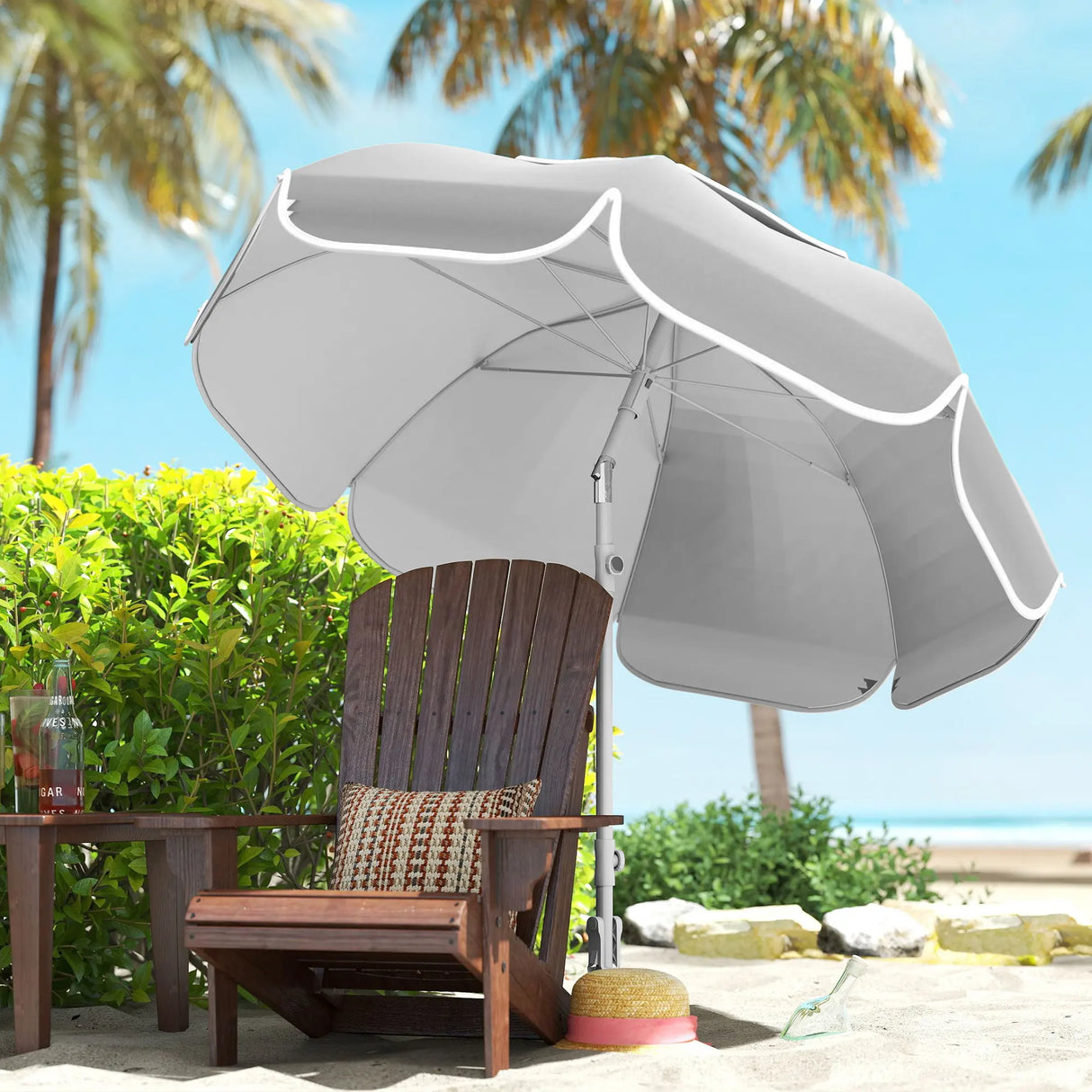 Outsunny Beach Umbrella Portable with Sand Anchor, Carry Bag, Adjustable Height & Tilt, UPF50+ UV Protection, Grey