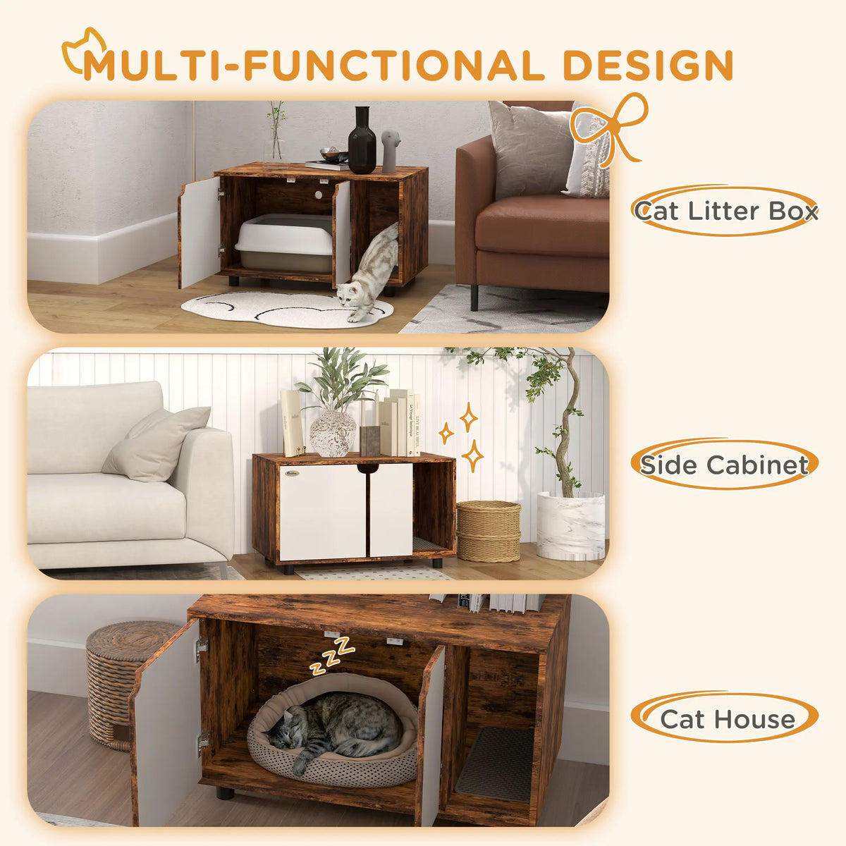 PawHut Hidden Cat Litter Box Furniture, with Sand Drain Pad - Rustic Brown