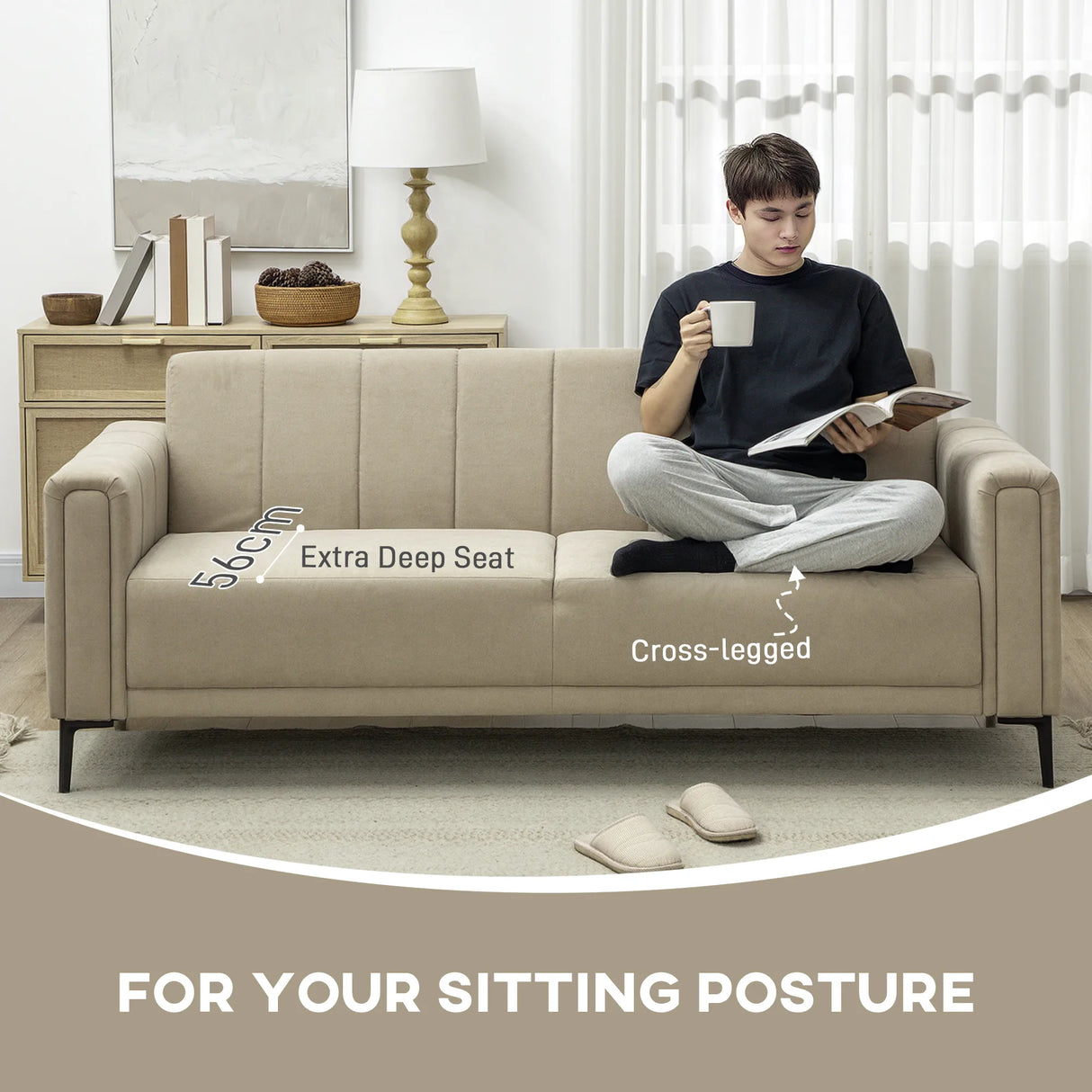 HOMCOM 3 Seater Sofa, Modern Fabric Sofa Couch, Channel Tufted Upholstered Sofa Settee for Living Room, Guest Room, Bedroom, Home Office, Khaki