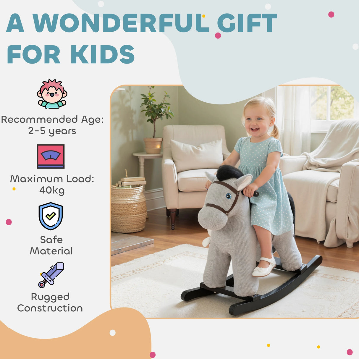AIYAPLAY Baby Rocking Horse, Plush Ride on Toy with Handle Grip, Sound and Doll, Toddler Animal Rocker for Kids Aged 25, Grey