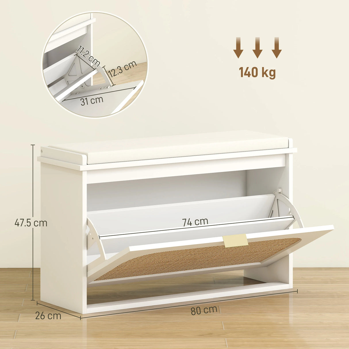 HOMCOM Boho Shoe Bench with Padded Seat and Flip-Drawer - White