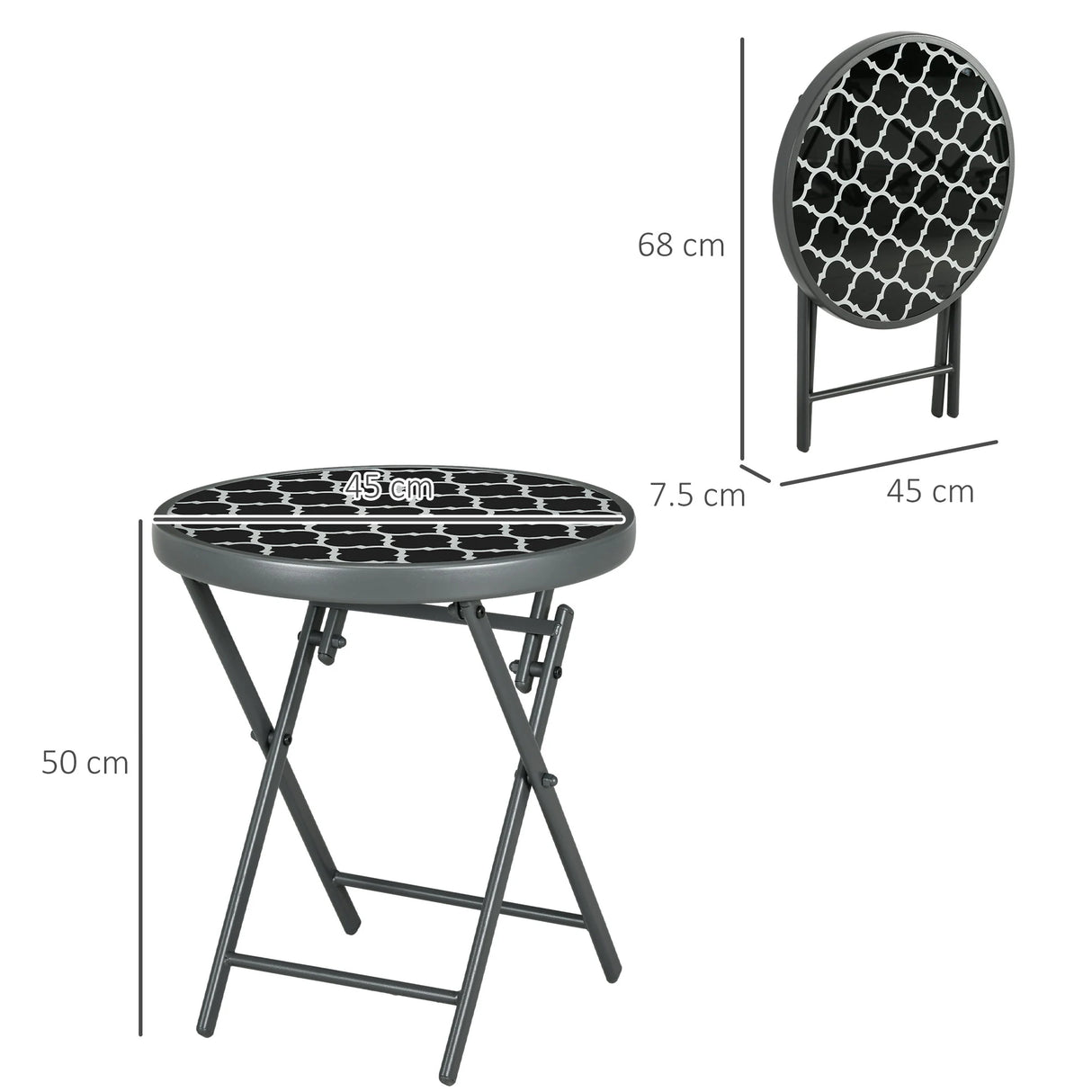 Outsunny 45cm Garden Side Table, Outdoor Round Folding Patio Table with Imitation Marble Glass Top, Small Coffee Table, Black and White