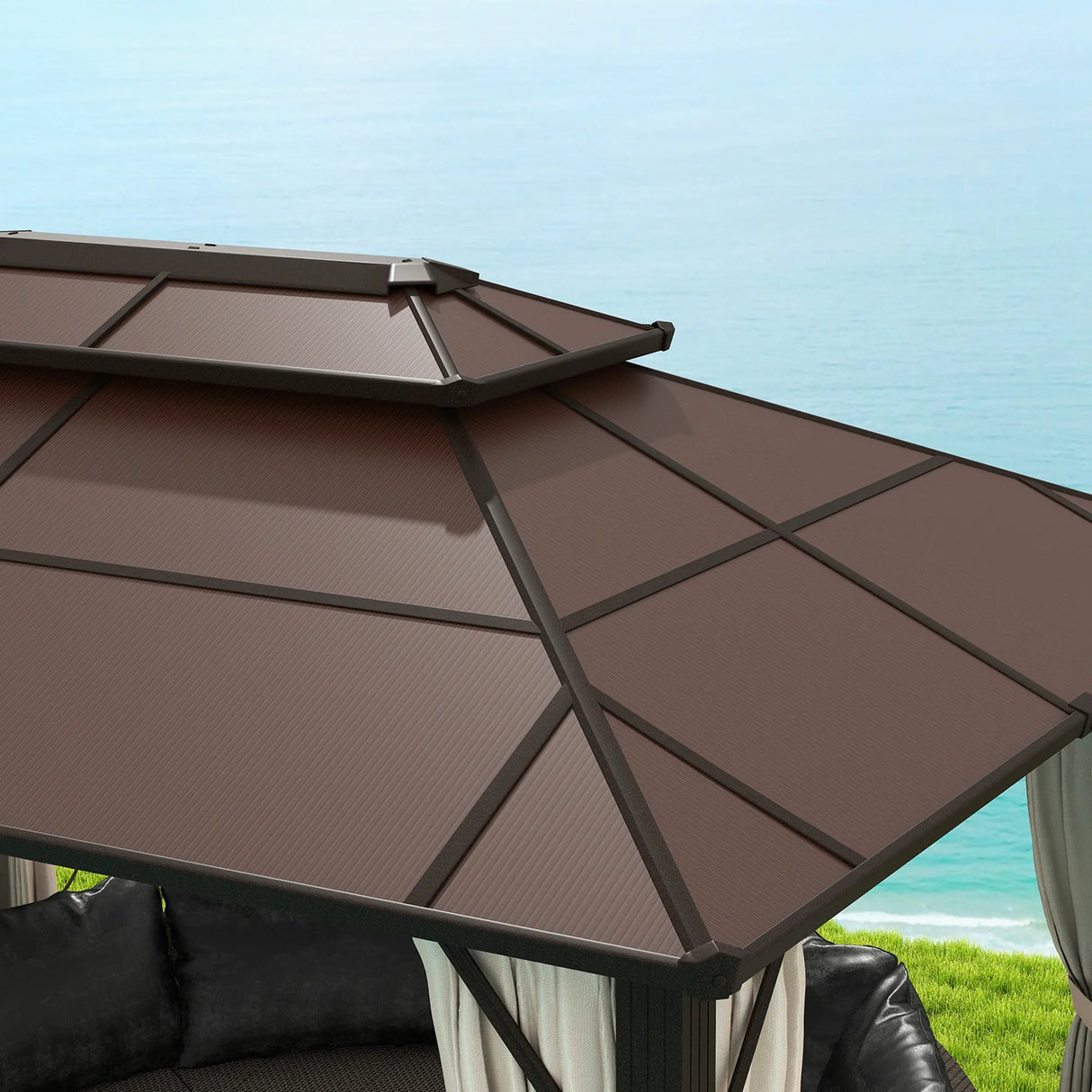 Outsunny 3 x 4m Hardtop Gazebo Canopy with UPF30+ Double Polycarbonate Roof, Aluminium Frame Garden Gazebo Permanent Pavilion with Mosquito Netting and Curtains for Patio, Deck, Beige