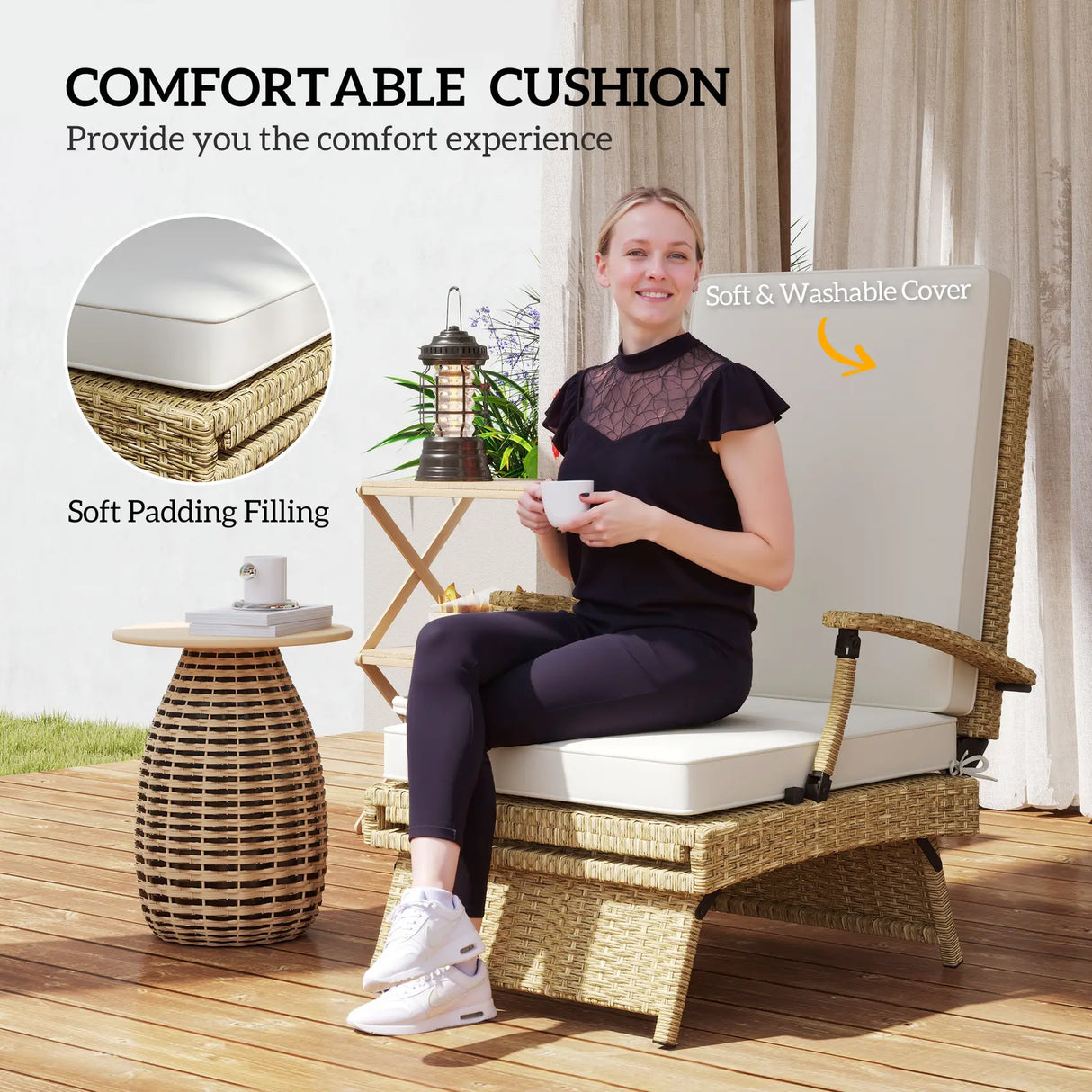Outsunny 80 Reclining Rattan Lounger - White/Beige
