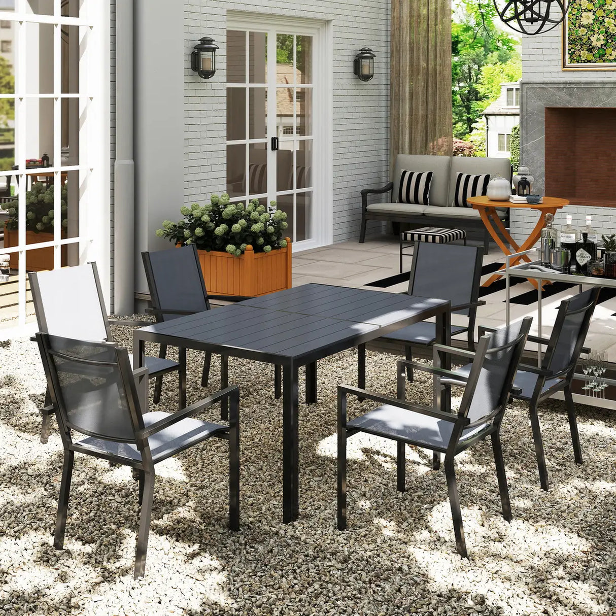 Outsunny 7 Piece Garden Dining Set, Outdoor Furniture Set with 6 Stackable Chairs and 150 cm Rectangle Table, WPC Slatted Top, Rust-Resistant Steel Frame, for Garden, Porch, Terrace