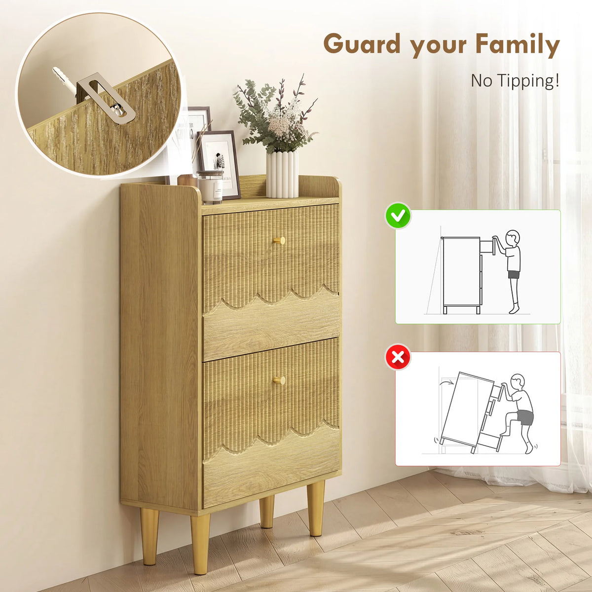 HOMCOM Narrow Shoe Cabinet, Modern Shoe Storage Cabinet with 2 Flip Drawers, Oak