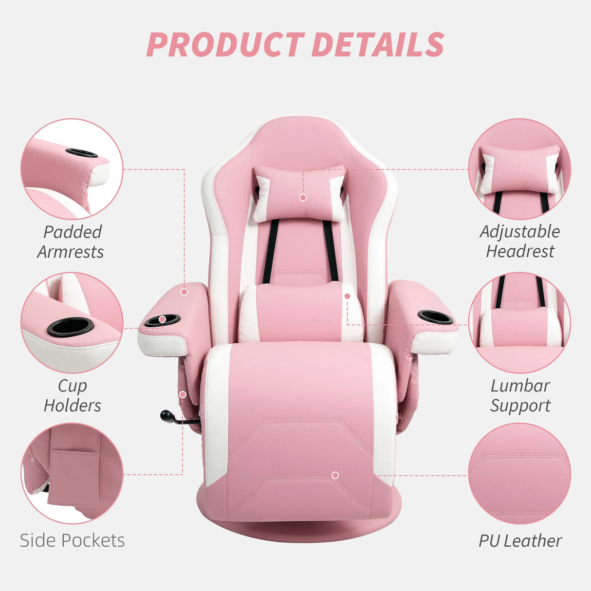 HOMCOM Manual Recliner Armchair PU Leather Lounge Chair w Adjustable Leg Rest, 135 Reclining Function, 360 Swivel, Pink