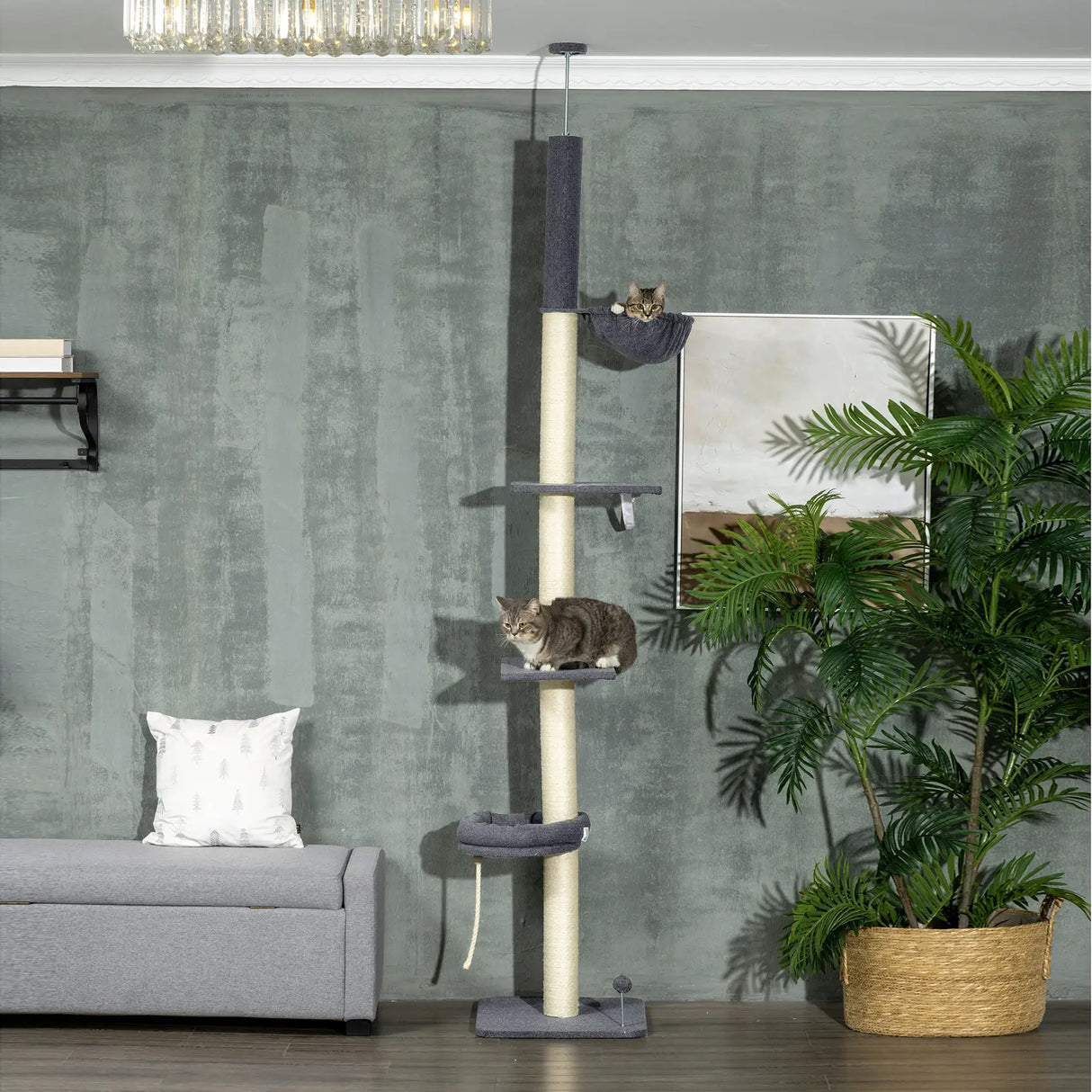 PawHut 240-270cm Floor-To-Ceiling Cat Tree, 5 Tier Cat Climbing Tower, with Bed, Hammock, Platforms, Dark Grey and Cream
