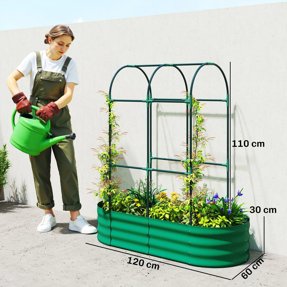 Outsunny Galvanised Raised Garden Bed with Arched Trellis, 4 x 2 x 4.6ft Metal Raised Bed for Garden with Open Bottom, Green