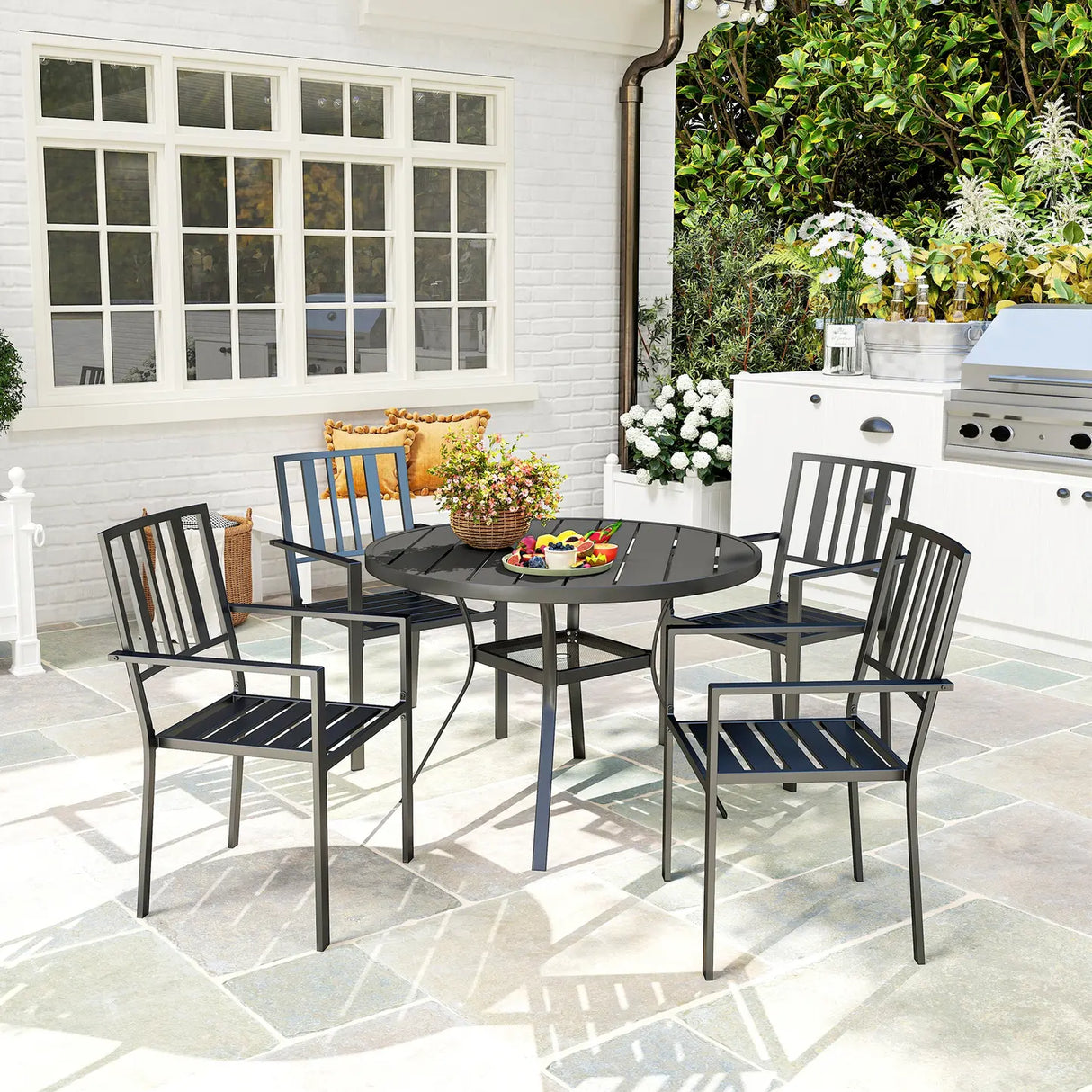 Outsunny Set of Four Minimal Metal Garden Chairs - Black