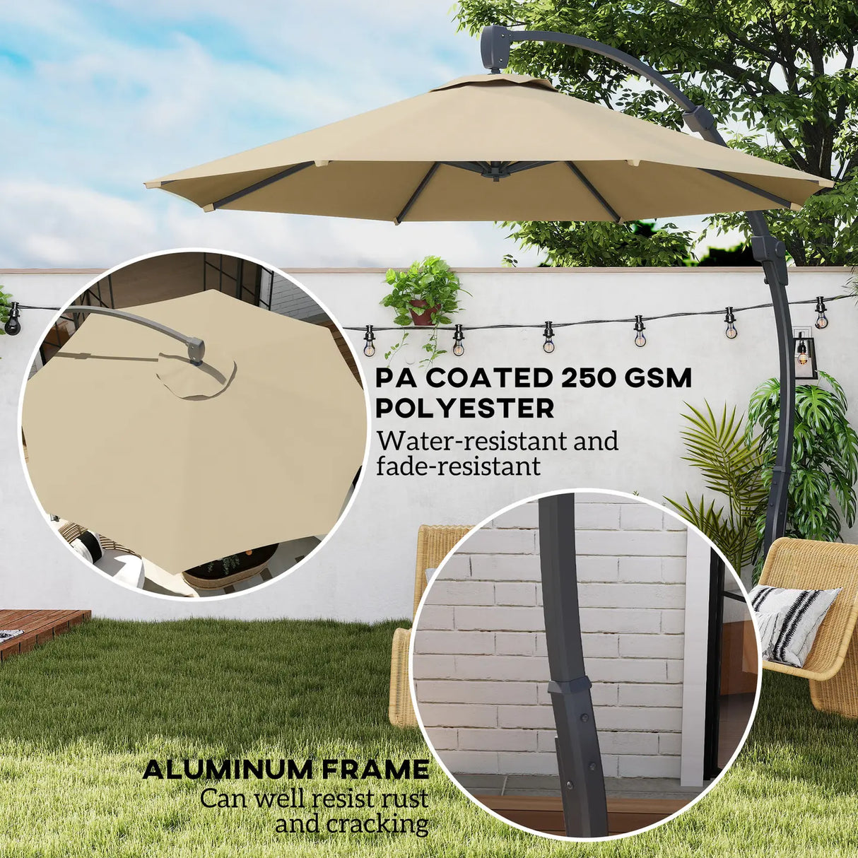 Outsunny 3(m) Garden Cantilever Parasol, Round Overhanging Umbrella with Crank Handle, Cross Base, Aluminium Frame and 360 Rotation, Banana Patio Umbrella for Outdoor Sun Shade, Khaki
