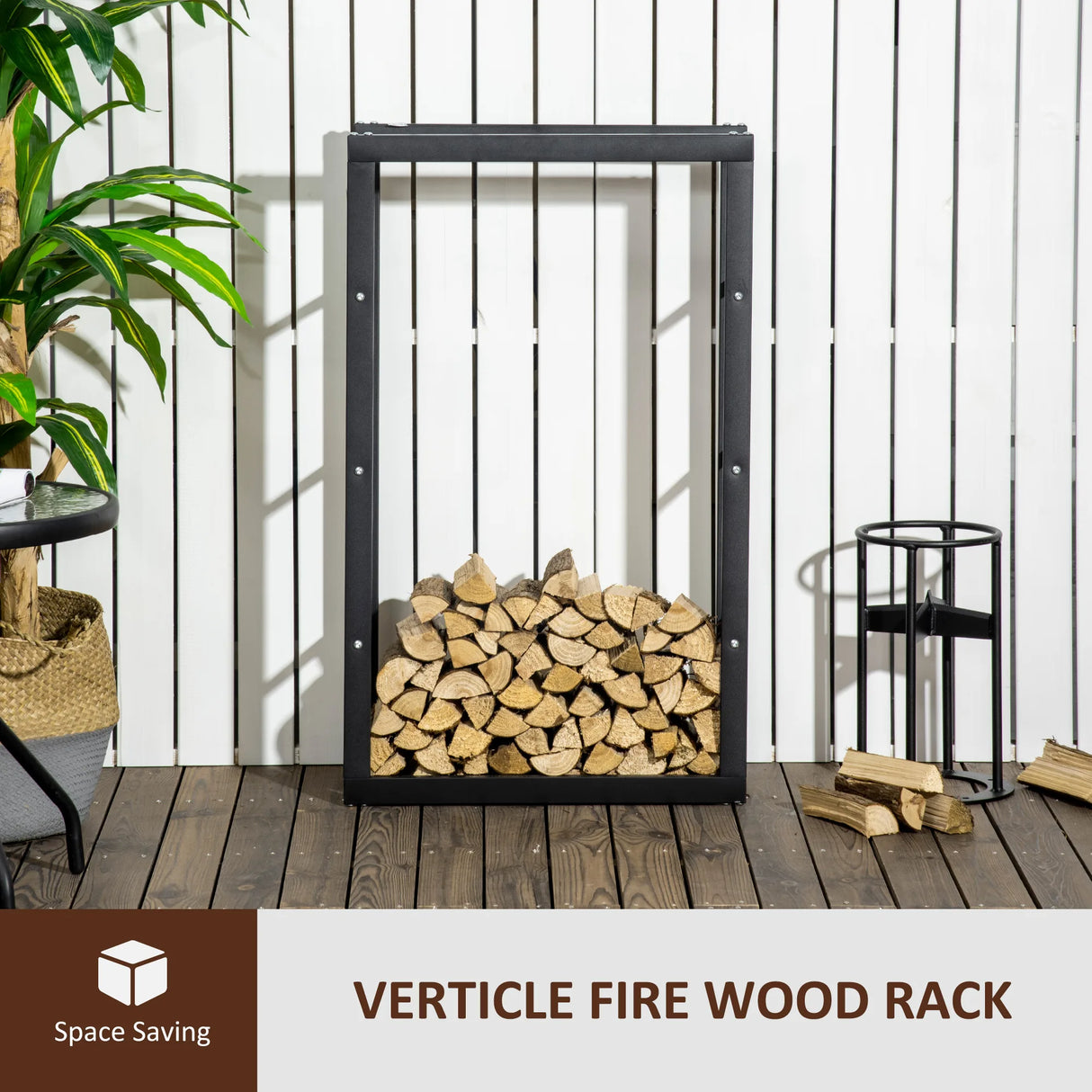HOMCOM Metal Firewood Log Holder Tall Firewood Rack Indoor Outdoor Fireplace Wood Storage Shelf with Side Rails, Rust-Resistant, Black, 60W x 25D x 100H cm
