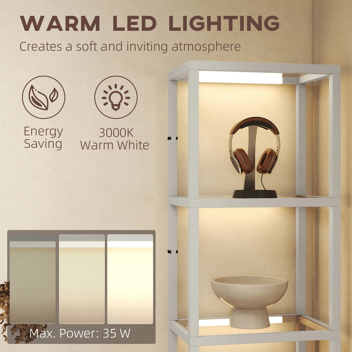 HOMCOM LED Floor Lamp with Glass Shelves, 4 Layers Dimmable Tall Standing Lamp, Modern Column Shelf Floor Light for Living Room, Bedroom, Office, Grey