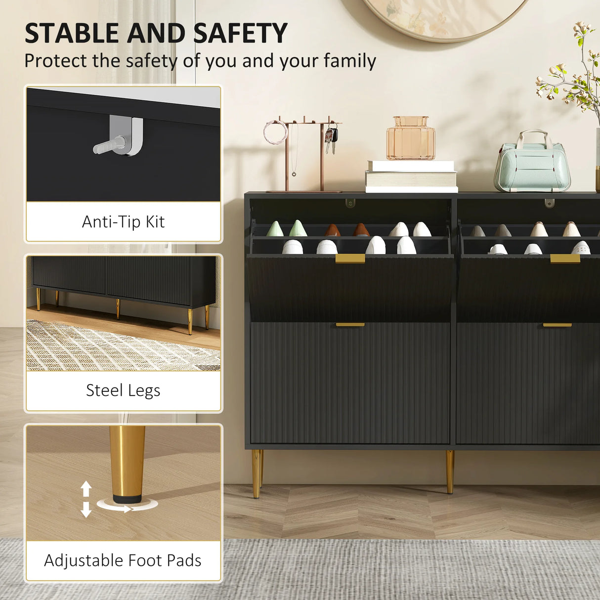 HOMCOM Narrow Shoe Cabinet with 4 Flip Drawers - Black