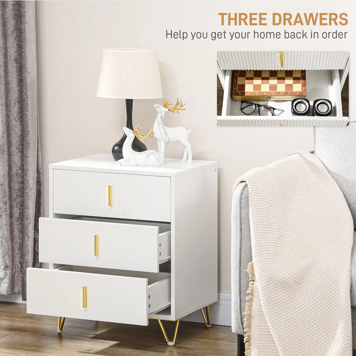 HOMCOM Set of 2 Elegant Chest of Three Drawers - White/Gold-Tone