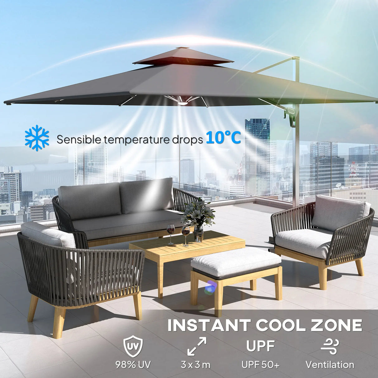 Outsunny 3(m) Garden Cantilever Parasol with Solar LED Lights, Cross Base, 360 Rotation, Crank Handle and Tilt, Grey