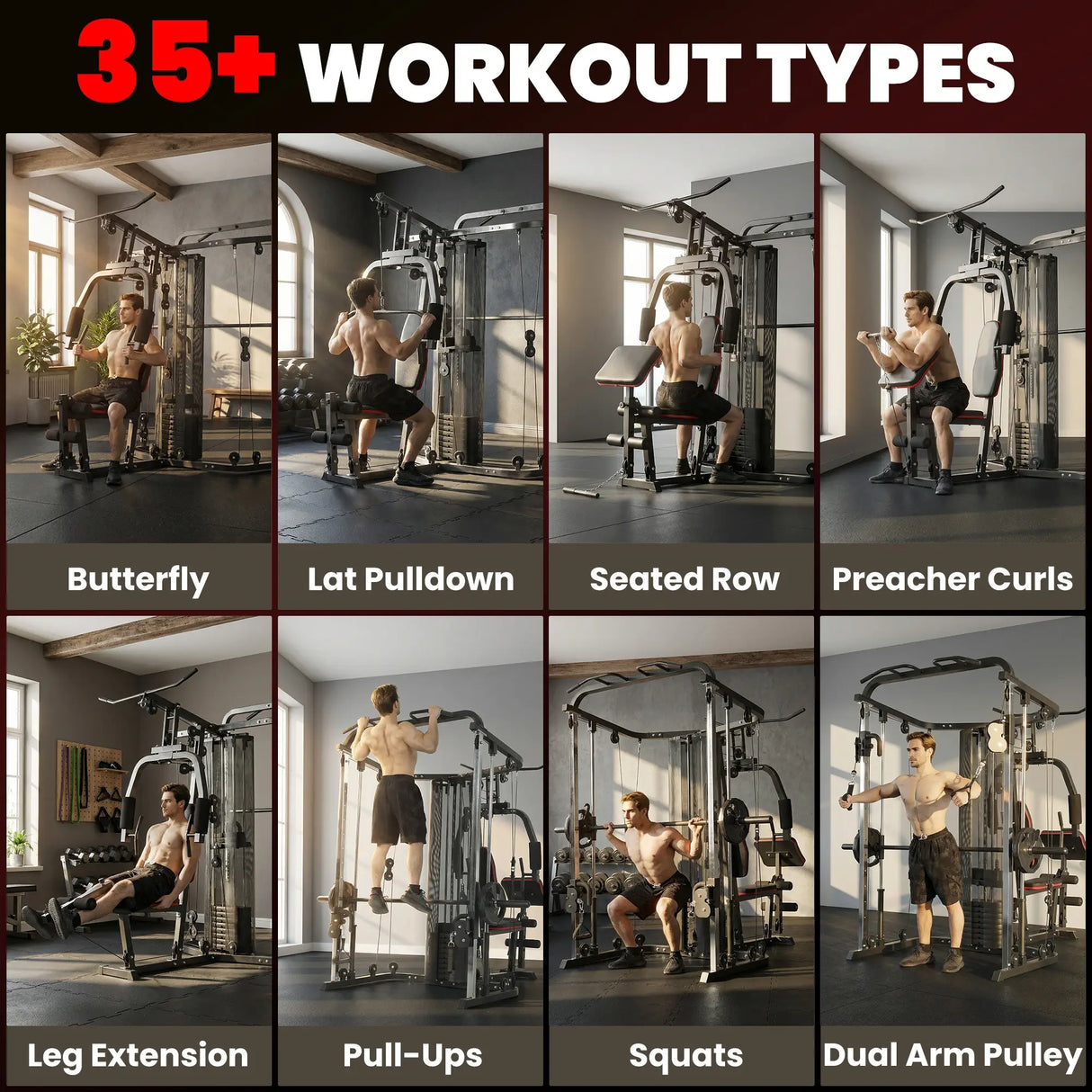 SPORTNOW Home Multi Gym Smith Machine with 65kg Weight Stack, Cable Pulley System, Chest Station, Preacher Pad & Leg Developer