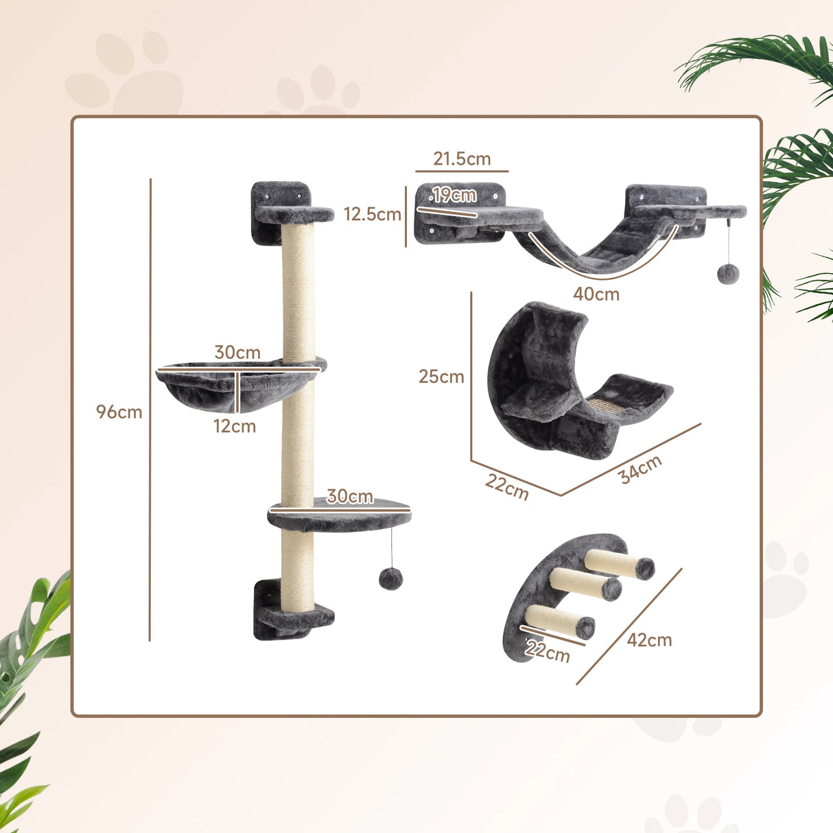 PawHut Four-Piece Cat Wall Furniture, with Hammock, Ladder, Platforms, Steps, for Indoor Use - Dark Grey