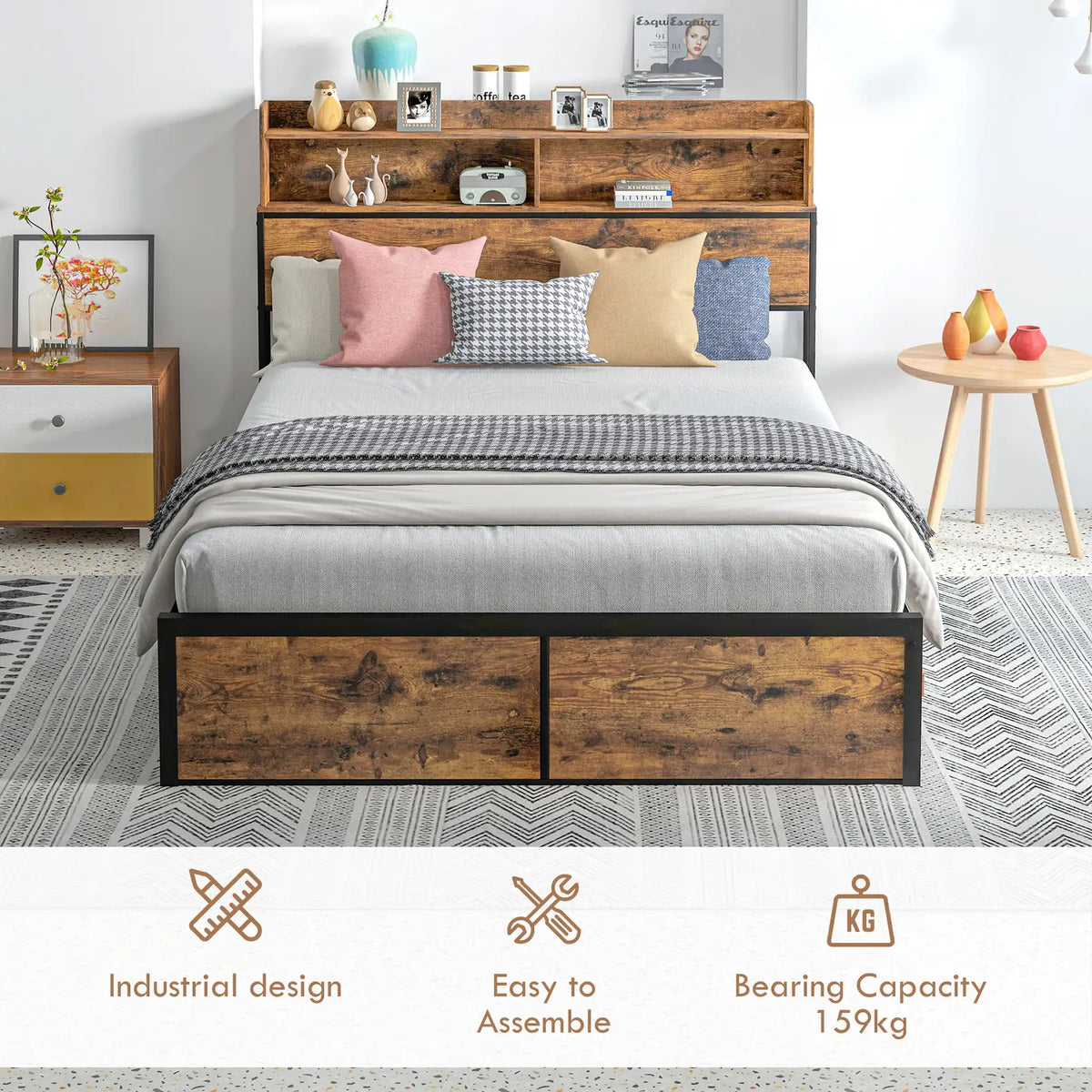 HOMCOM Industrial Double Bed Frame, 4.6FT Steel Bed Base with Storage Headboard, Footboard, Slatted Support and Under Bed Storage, 141 x 207cm, Rustic Brown