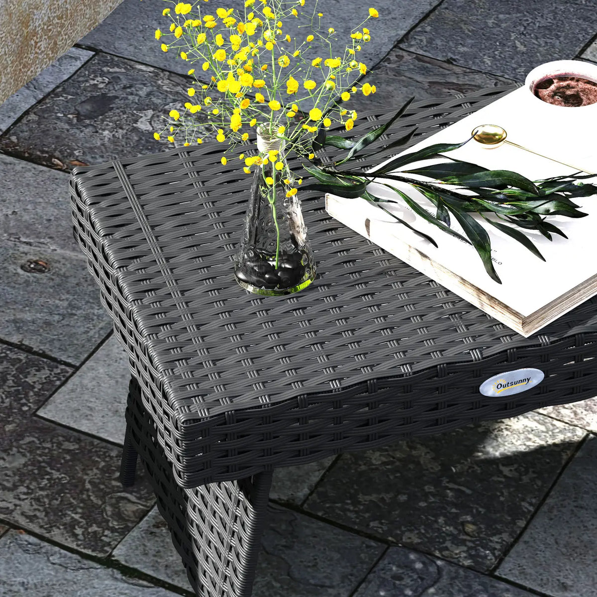 Outsunny Foldable Outdoor Side Table, Rattan Garden Coffee Table with Steel Frame, Space Saving Bistro Garden Furniture for Patio, Balcony, 60 x 41 x 41 cm, Black