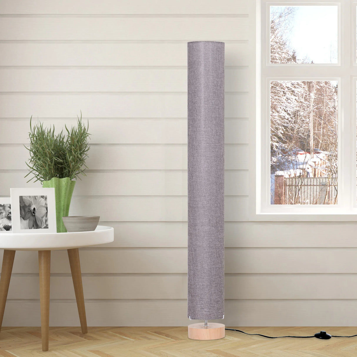 HOMCOM Floor Lamp for Living Room, 47" Modern Standing Lamp with Linen Shade, Wooden Base, Grey