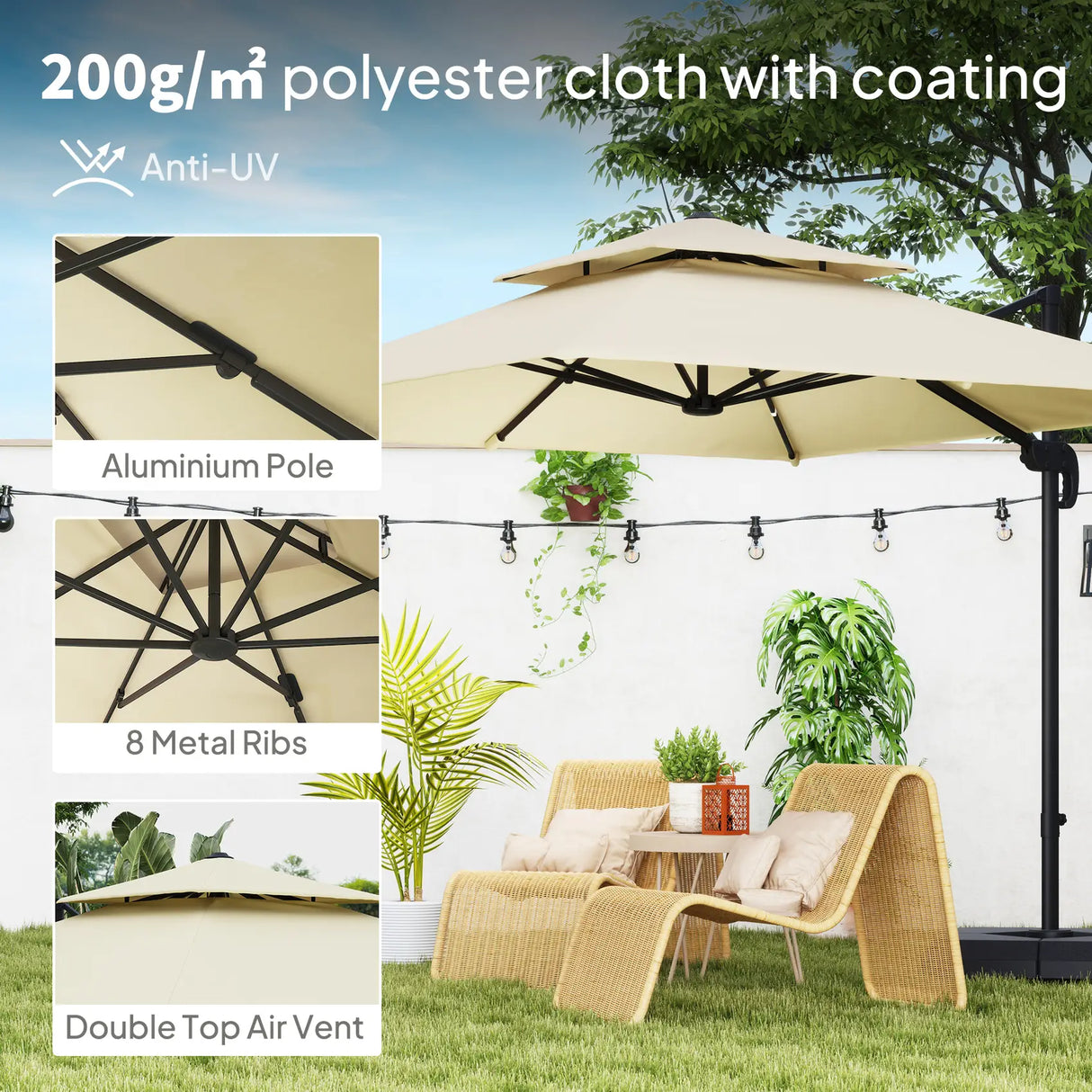 Outsunny 2.7 x 2.7 m Cantilever Parasol with Aluminium Frame, Crank and Tilt, 360-Degree Rotation, Double Top Garden Umbrella with Base and Cover, Khaki