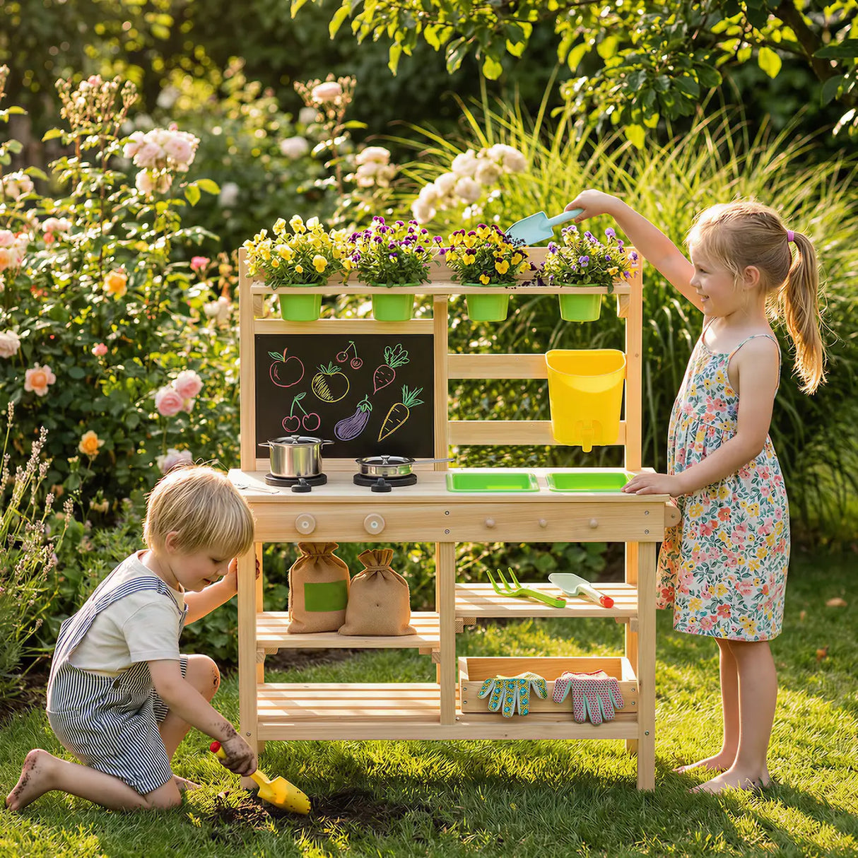 AIYAPLAY Kids Mud Kitchen, Outdoor Wooden Play Kitchen with Kitchenware & Garden Tools, Pretend Play Outdoor Toys, Natural