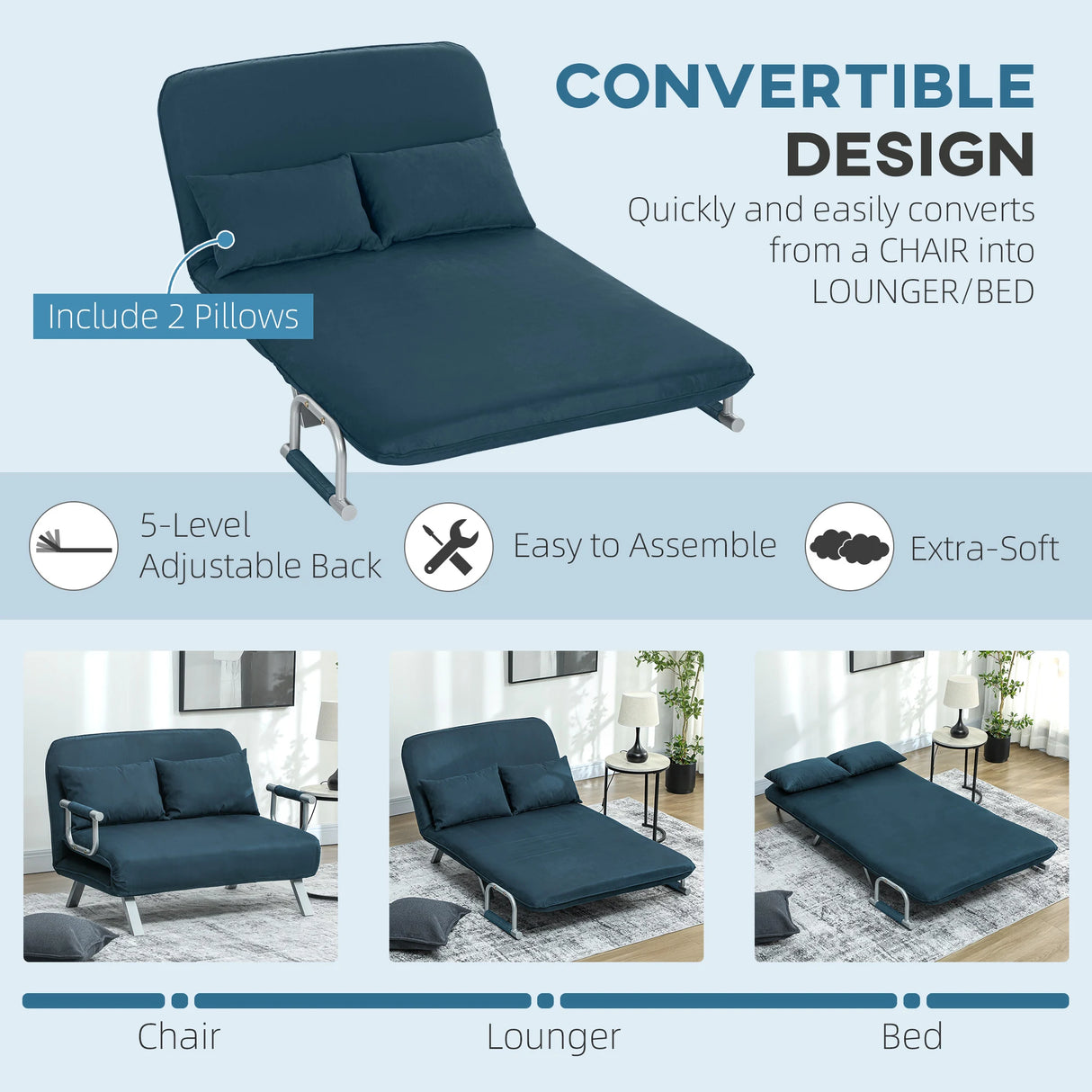 HOMCOM Two-Seater Click-Clack Sofa Bed - Navy Blue