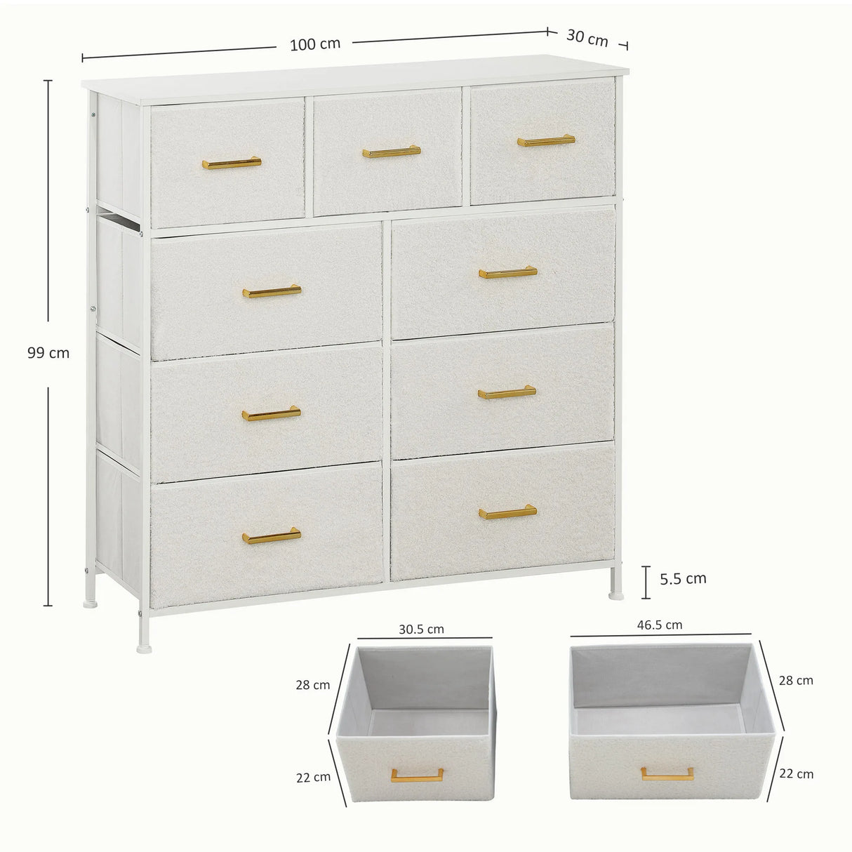HOMCOM Chest of Drawers with 9 Fabric Drawers, Boucle Storage Organiser with Steel Frame, Fabric Dresser for Bedroom, Living Room, Hallway, Cream White