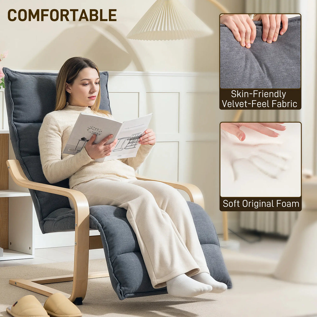 HOMCOM Curved Wooden Accent Chair, with Adjustable Footrest - Drak Grey