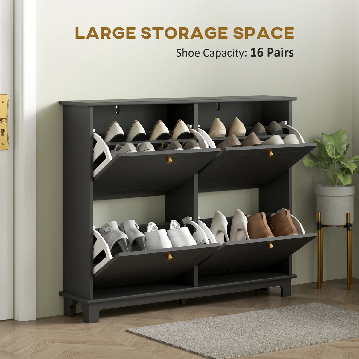 HOMCOM Narrow Shoe Storage Cabinet, Slim Shoe Cabinet with 4 Flip Drawers, Adjustable Shelves for 16 Pairs of Shoes, Black