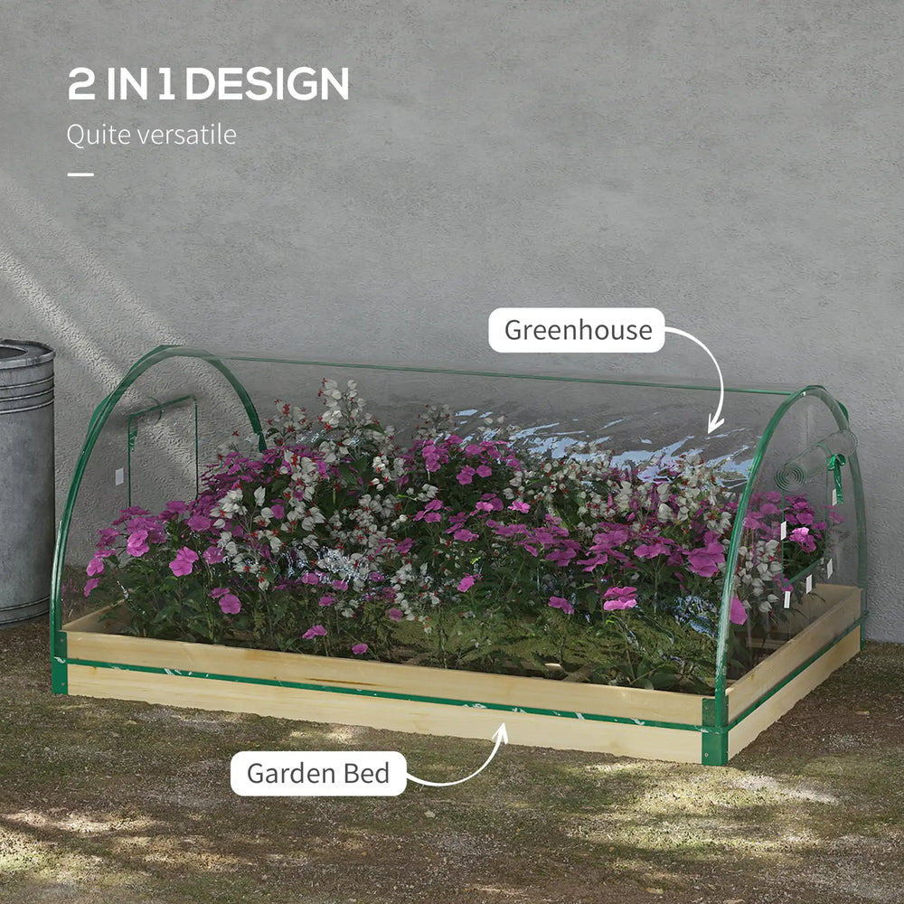 Outsunny Raised Bed with Greenhouse, Wooden Garden Planter Box with PVC Cover, Roll Up Windows, Dual Use for Vegetables, Plants, Flowers, 115 x 80 x 54 cm, Natural Wood Effect