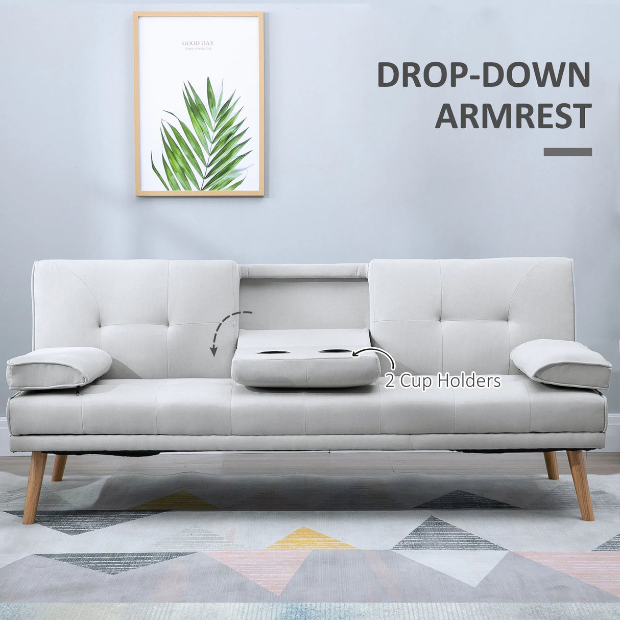 HOMCOM Fabric Click Clack Sofa Bed with 2 Cup Holders, Convertible Futon Settee, Futon Recliner Lounge for Living Room, Spare Room, Bedroom, Grey